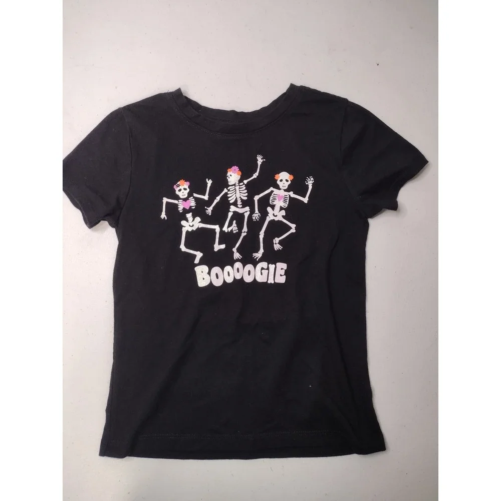 Girls Black Dancing Skeleton Boooogie Glitter Graphic Tee Shirt S 6-6X